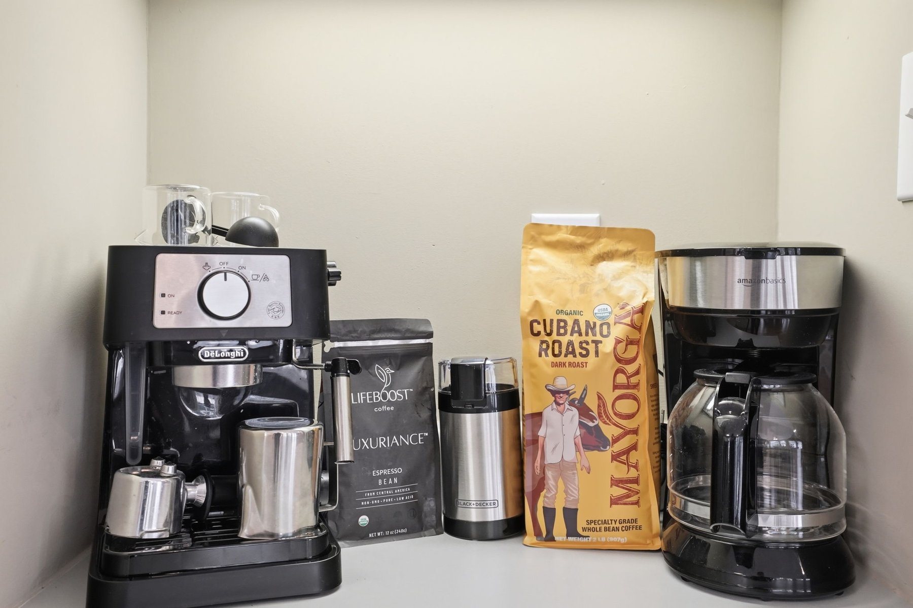 Coffee station with coffee maker and supplies
