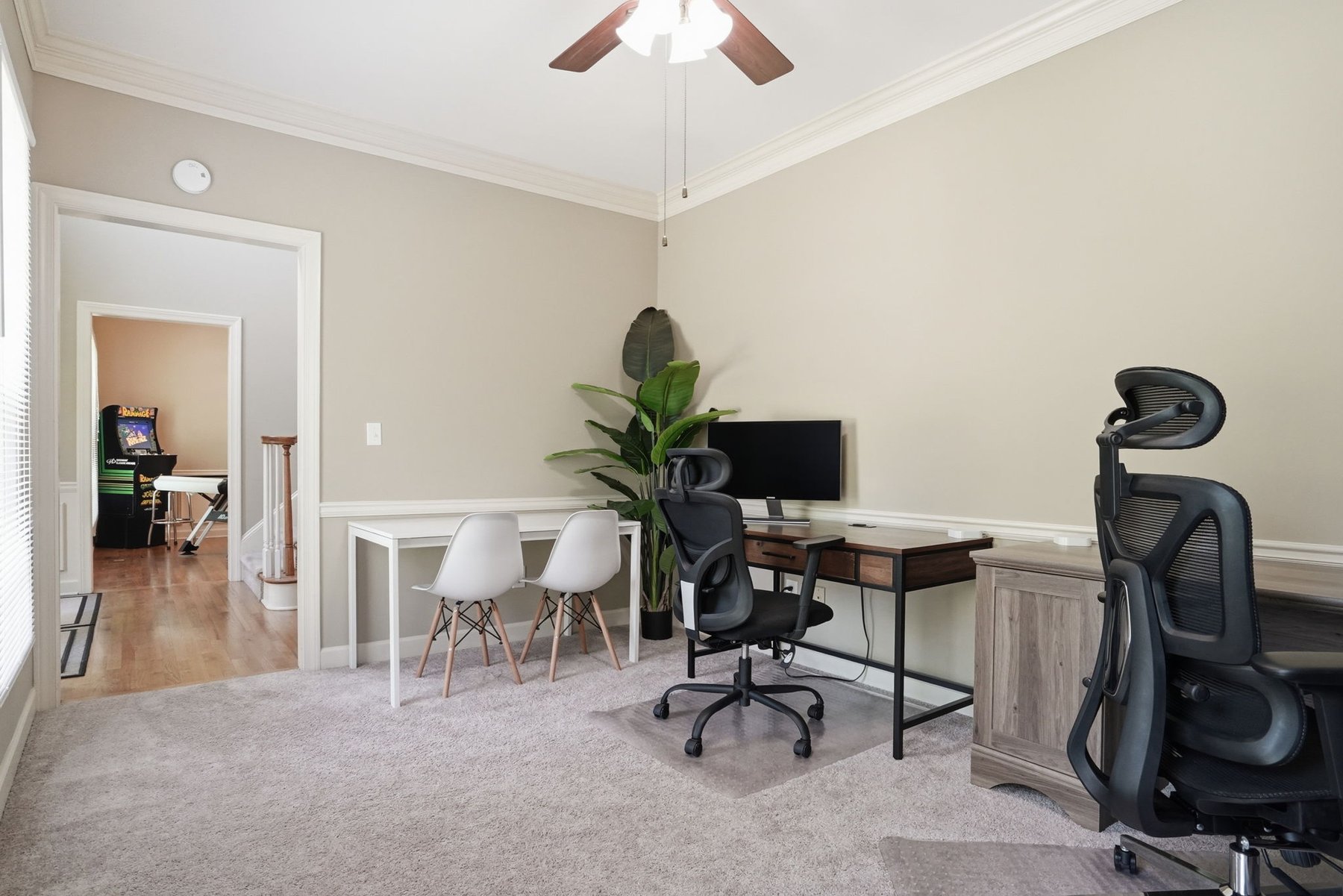 Dedicated home office with desk and chair